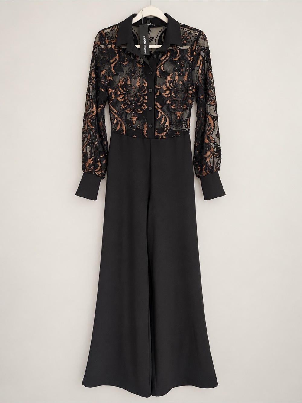 Fashion Nova Black Jumpsuit with Bronze Lace-Embroidered Bodice